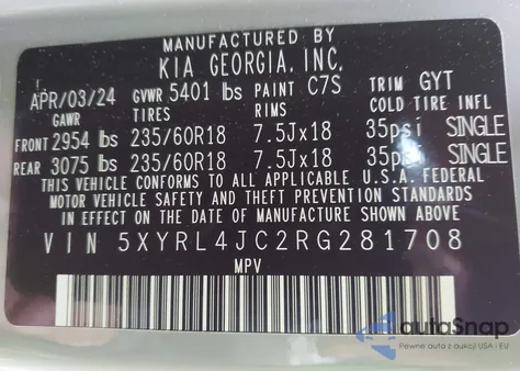 2024 Kia Sorento S z USA, uszkodzony, nr VIN 5XYRL4JC2RG281708